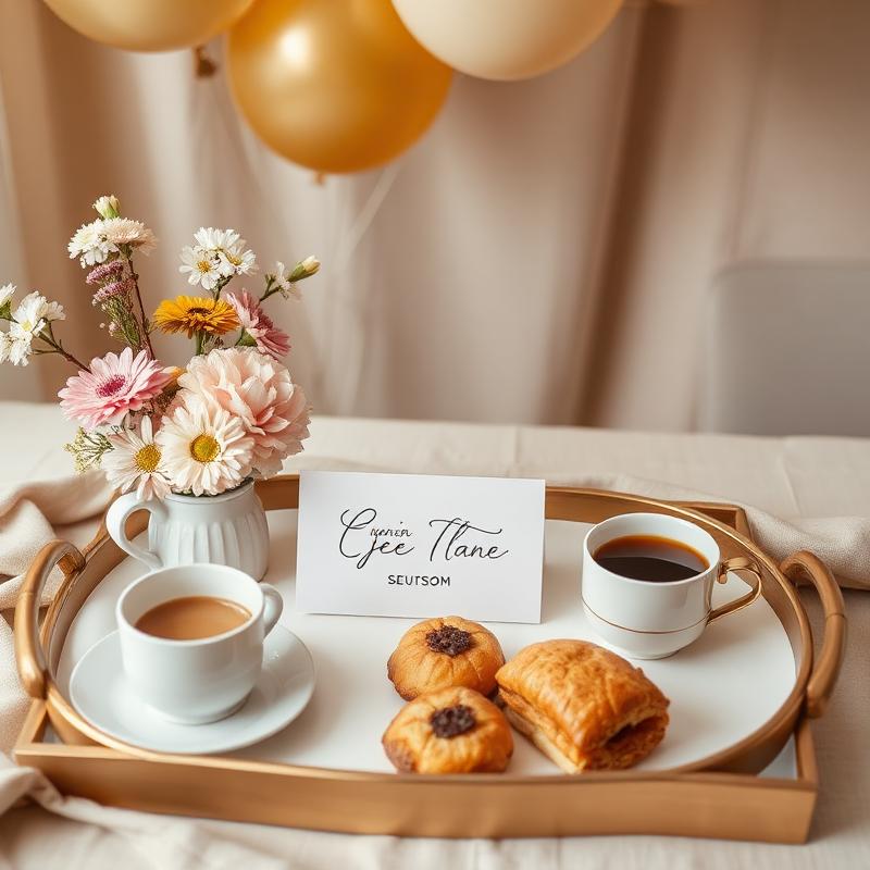 Desayuno personalizado con flores, globos y tarjeta con nombre